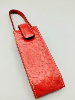Coach Red Embossed Leather Eyeglass  Holder with Wrist Loop Tan Interior LNC